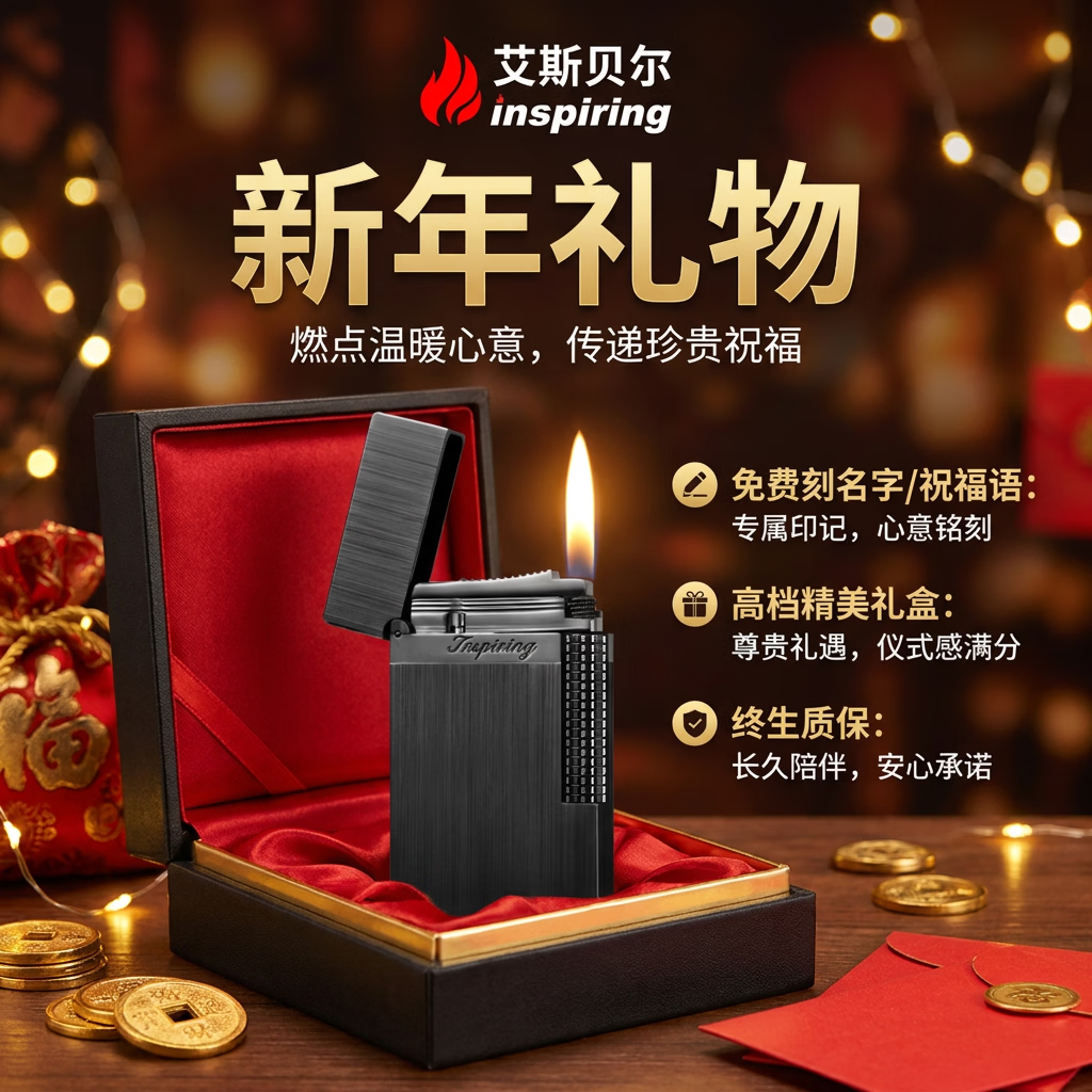 艾斯贝尔（inspiring）新年礼物春节送男友老公爸爸长辈朗声打火机男士高级感定制刻字 曼妙丝雨·拉丝黑 套装 1个