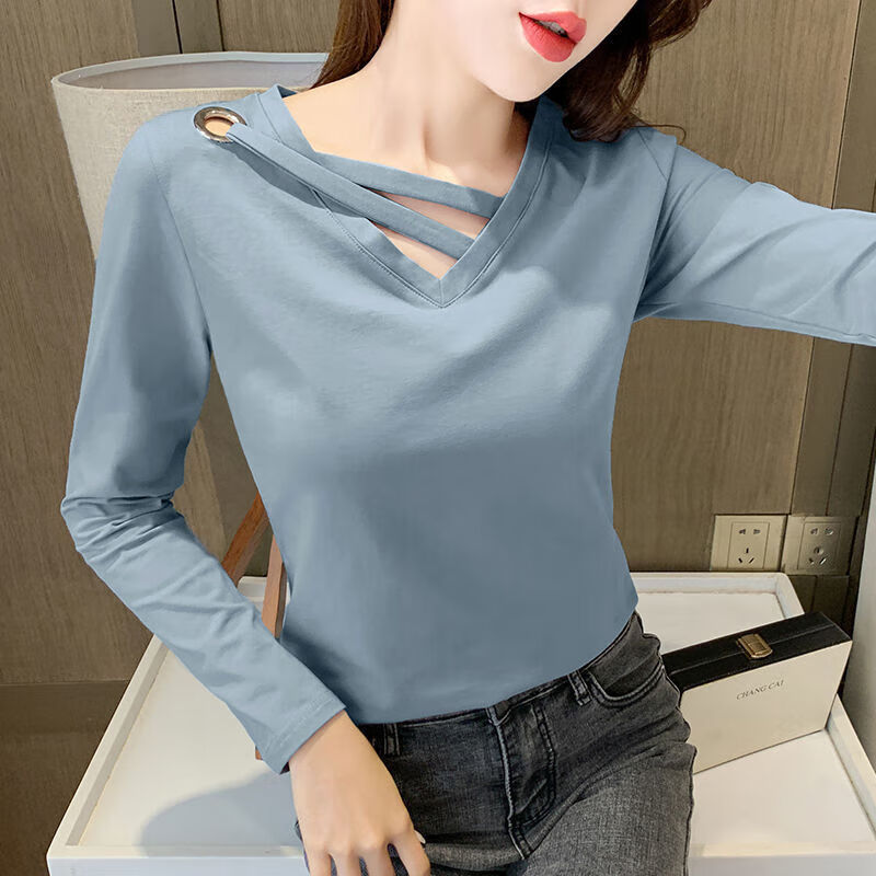 长袖打底衫2023潮韩版修身内搭外穿t恤女春装洋气上衣女 6086灰蓝色 s