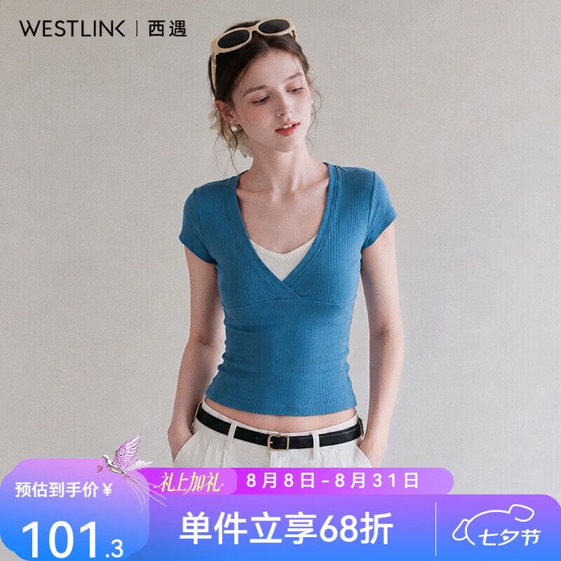 西遇（Westlink）湖蓝假两件V领短袖T恤女2026夏季新款美式辣妹修身短款上衣 蓝色 付款15天 XL (170)