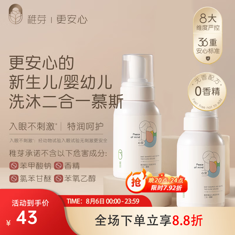 稚芽婴儿沐浴露洗发水洗护二合一慕斯0-3岁新生沐浴液儿童宝宝 【温和清洁】洗沐二合一250ml