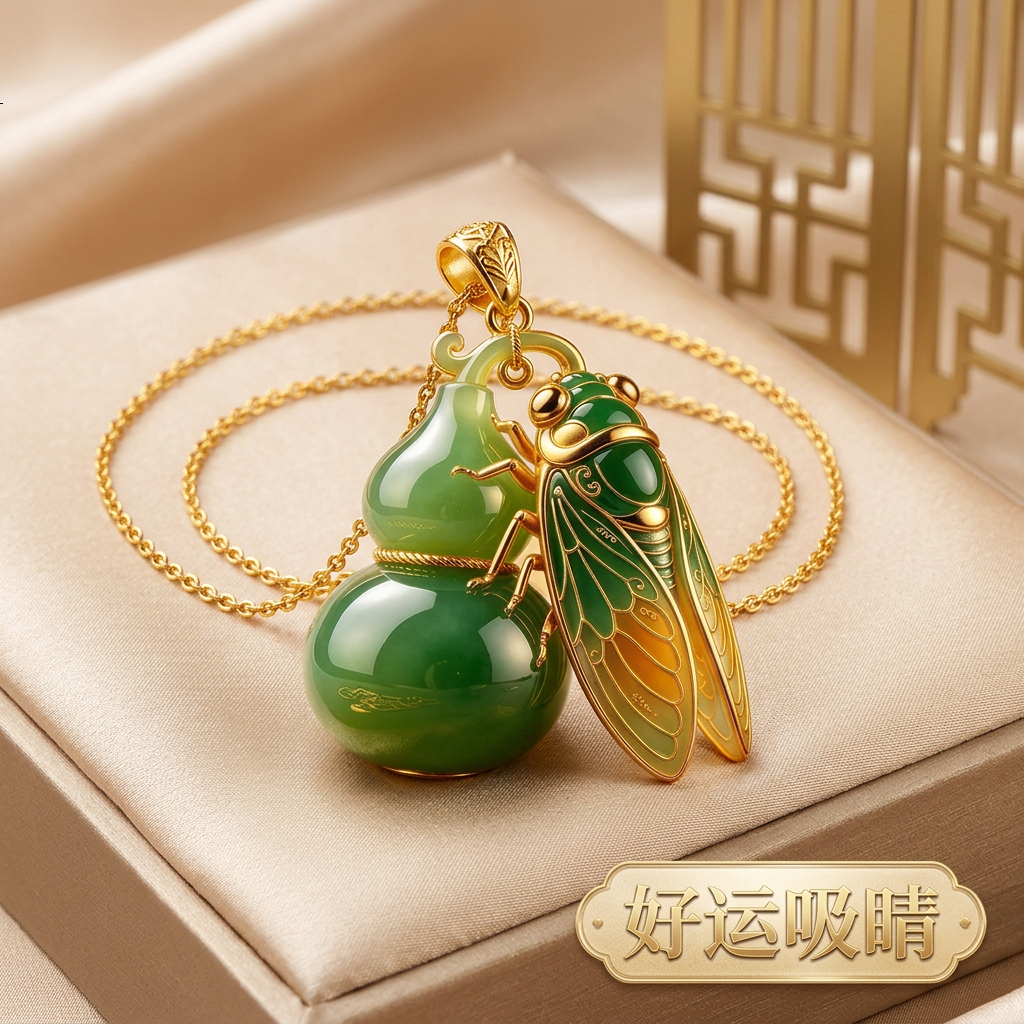 【设计师款】金蝉小葫芦吊坠项链礼盒情人节礼物长款平面吊坠 【精美包装】福禄金蝉
