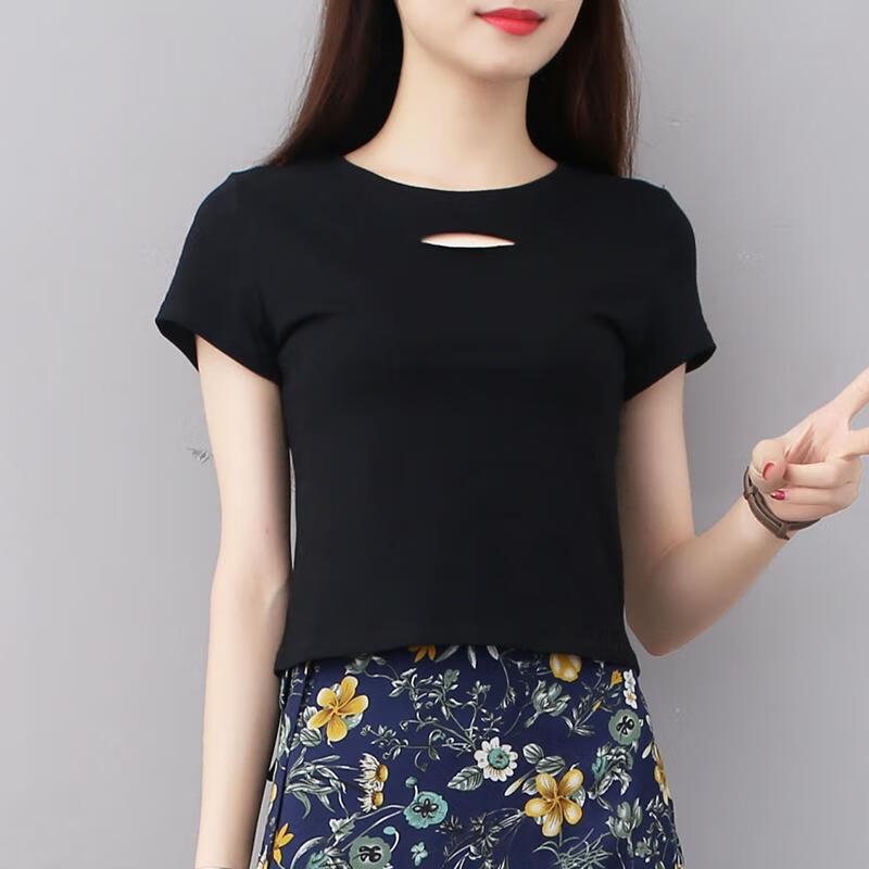 GTYUWVG高腰上衣2019夏天新款短衣女短裝超短修身顯瘦純色純棉短袖T恤露 黑色 均碼 s