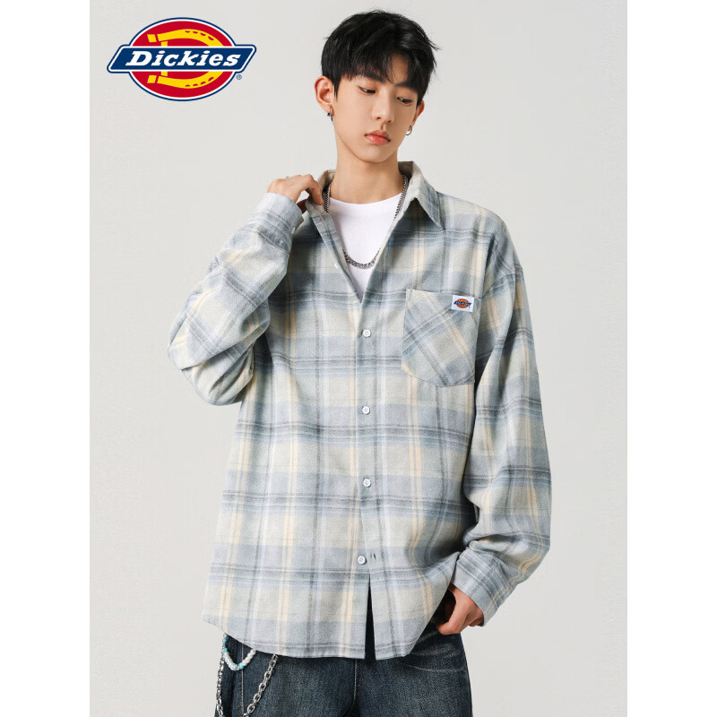 Dickies港式复古休闲长袖衬衫男士2026秋季新款宽松格子潮牌时尚上衣服装 黄色 【官方正品】 XL 【建议130-150斤】