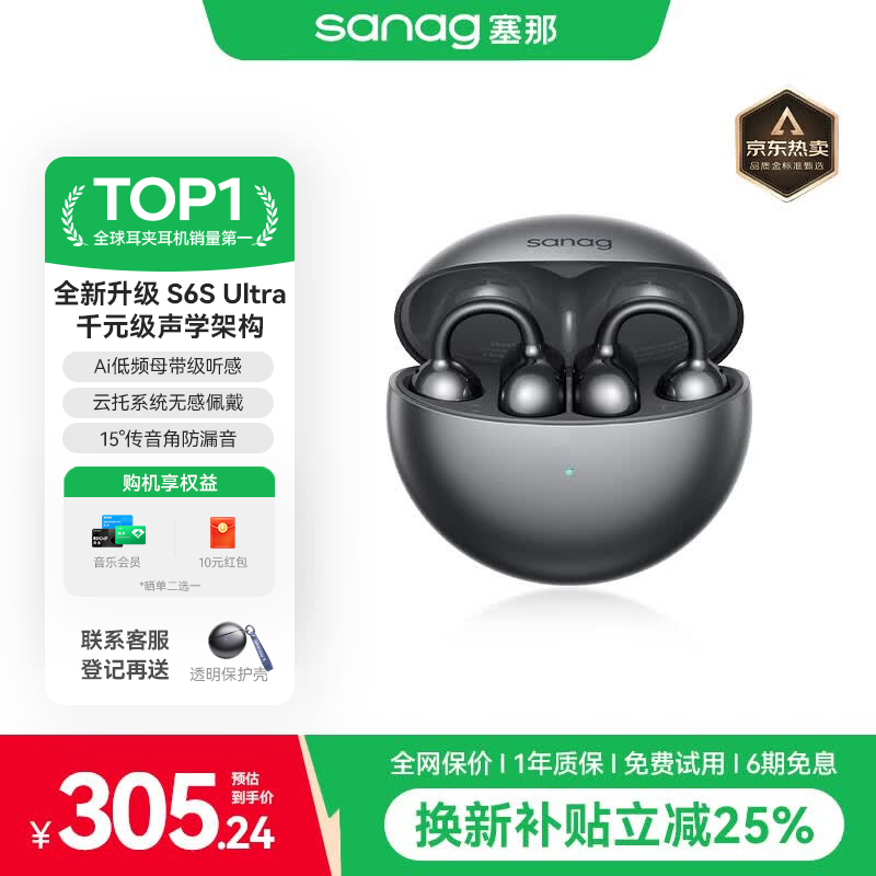 SANAG塞那S6S Ultra【千元音质·销量TOP1】蓝牙耳机耳夹式 无线开放式不入耳运动跑步通话降噪AI翻译 【千元音质·无感佩戴】S6SUltra 深空黑 【全新声学架构丨AI降噪舒适5.0】
