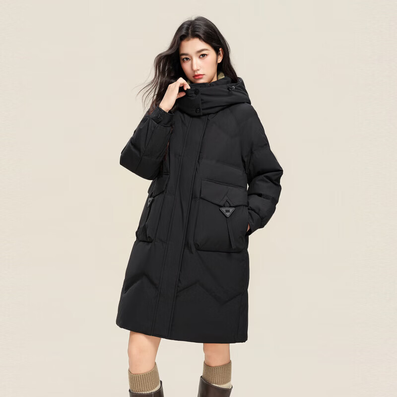 雪中飞冬新款女羽绒服连帽百搭大口袋加厚保暖宽松简约韩版中长款 黑色|8056 L /165/88A