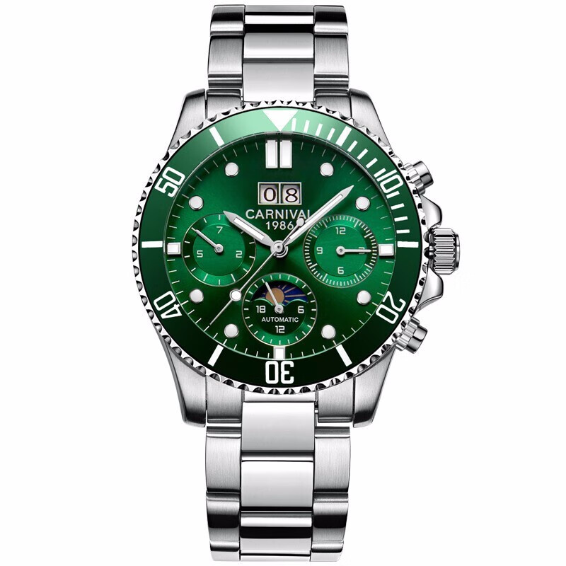嘉年华（CARNIVAL) 新款男士手表 镂空全自动机械表 时尚商务防水夜光男表 水鬼系列 绿色水鬼（三眼升级）