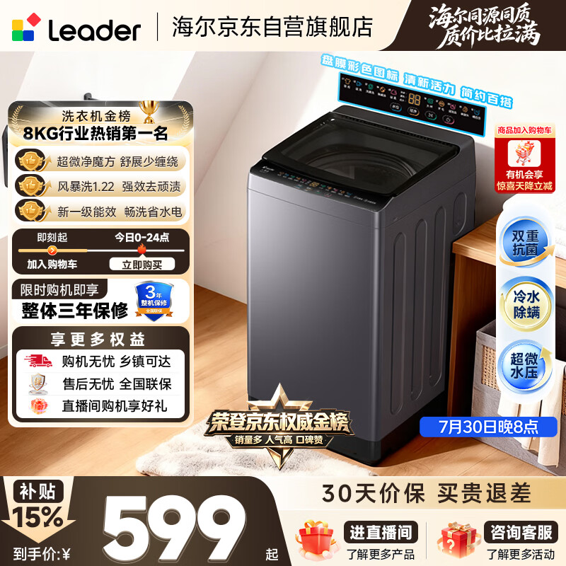 统帅（Leader）海尔出品 悦己波轮洗衣机 全自动出租房8.2公斤一级能效 京东自营国家补贴XQBL82-M20D1