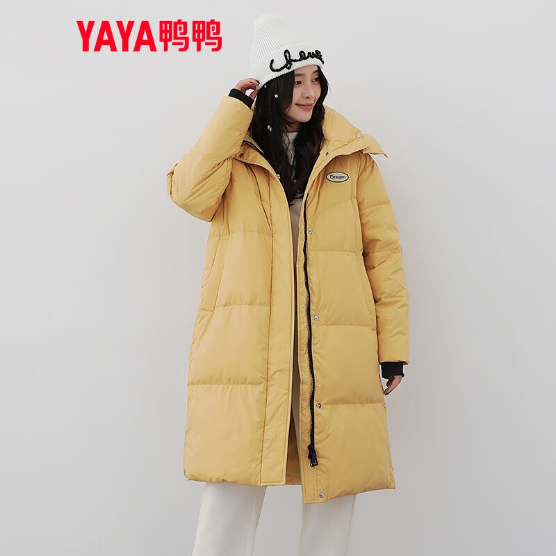 鸭鸭（YAYA）2022年新款羽绒服女中长款过膝休闲连帽大口袋韩版外套HS 新芽黄色-DYL06B0610 S