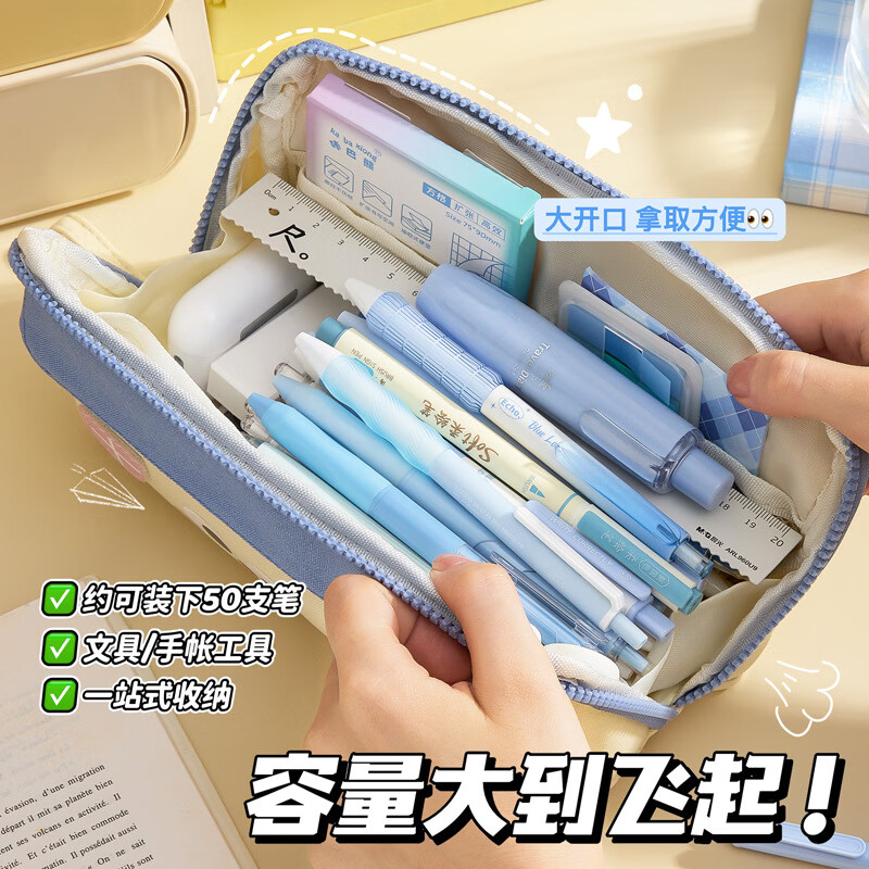 洋臣卡通可爱小房子笔袋小清新大容量文具袋小学生卡通铅笔袋韩系多层笔盒 蓝色表情