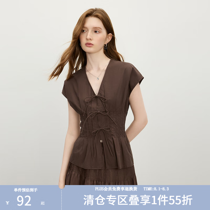 范思蓝恩摩登蝴蝶结系带收腰衬衫女2025夏新款连肩袖v领上衣2737 咖啡色 M