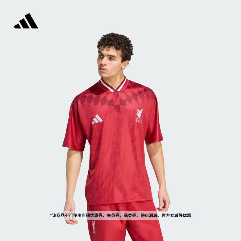 adidas利物浦复古足球休闲文化撞色宽松V领短袖球衣男装阿迪达斯   栗红   XL