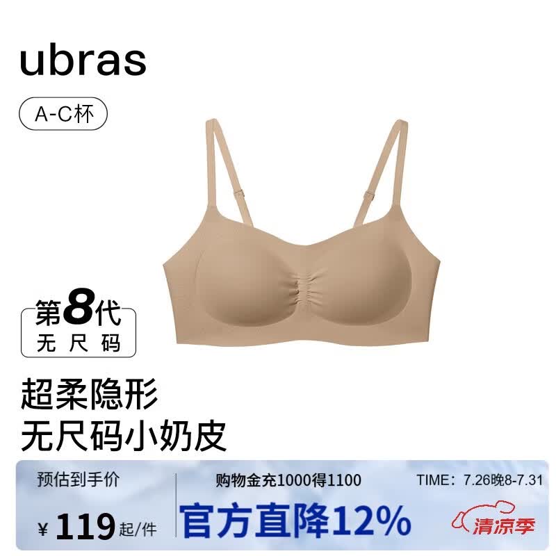 ubras虞书欣同款无尺码小奶皮轻褶低领薄隐形无痕夏季文胸罩内衣女