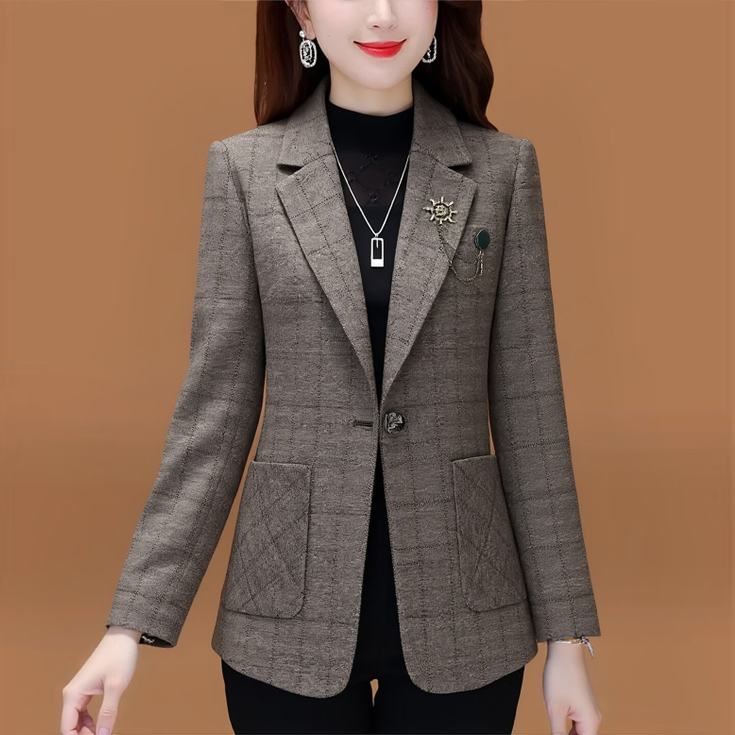 香影芬女士小西装外套春秋季妈妈气质名媛高级感高端品牌小个子西服上衣 咖色 L 建议106-115斤