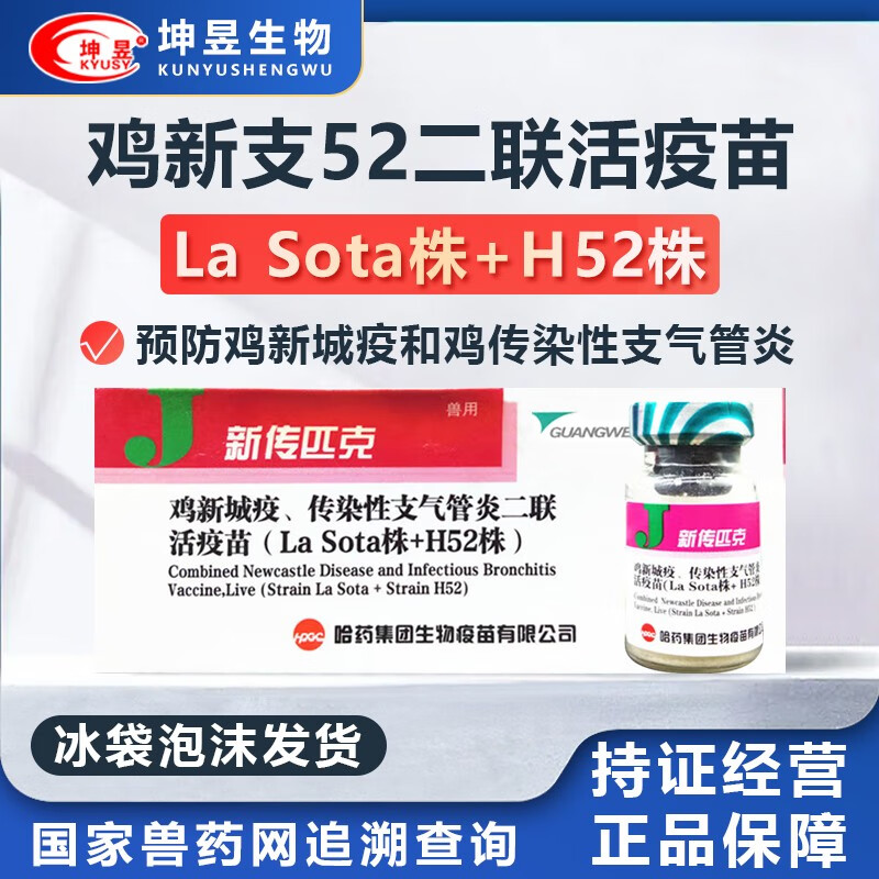 坤昱(kyusy) 哈药新传匹克鸡新城疫传染性支气管炎二联活疫苗 h52株大