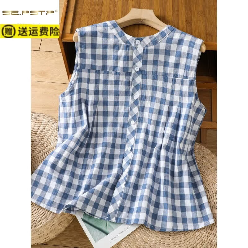 夏典素订女王(SE.PSTP)文艺蓝色格子棉麻背心女夏季外穿休闲减龄显瘦无袖衬衫亚麻上衣薄 图片色 L 115-130斤