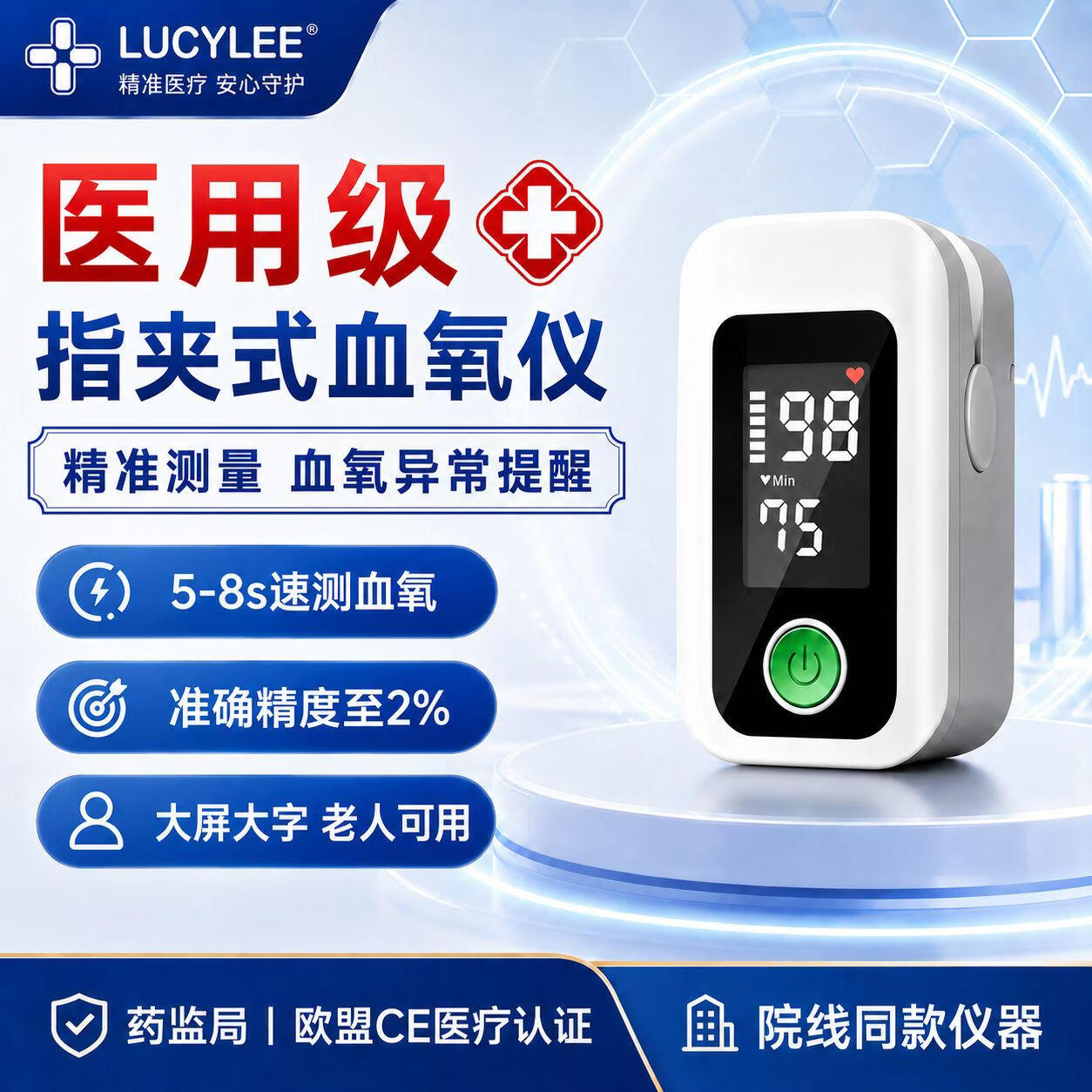 LUCYLEE美国血氧仪指夹式医用级血氧饱和度心率监测仪指脉氧仪家用 【三甲医院款】血氧仪 操作简单丨老人易用丨行业销冠