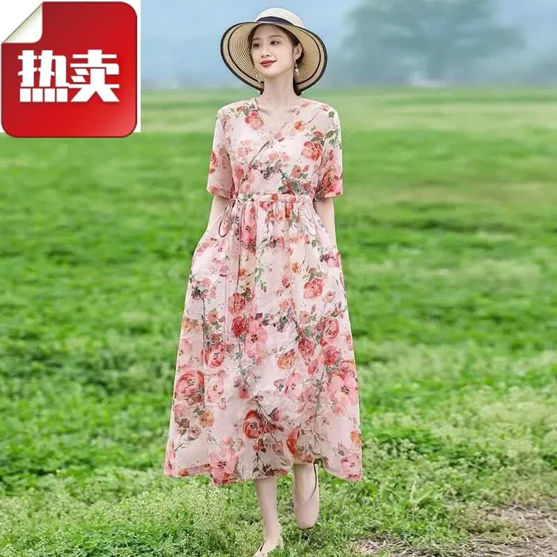 夏典素订女王(SE.PSTP)棉麻连衣裙夏季新款碎花复古大尺码女装宽松收腰显瘦大摆洋气长裙 花色 M 【建议95-118斤】