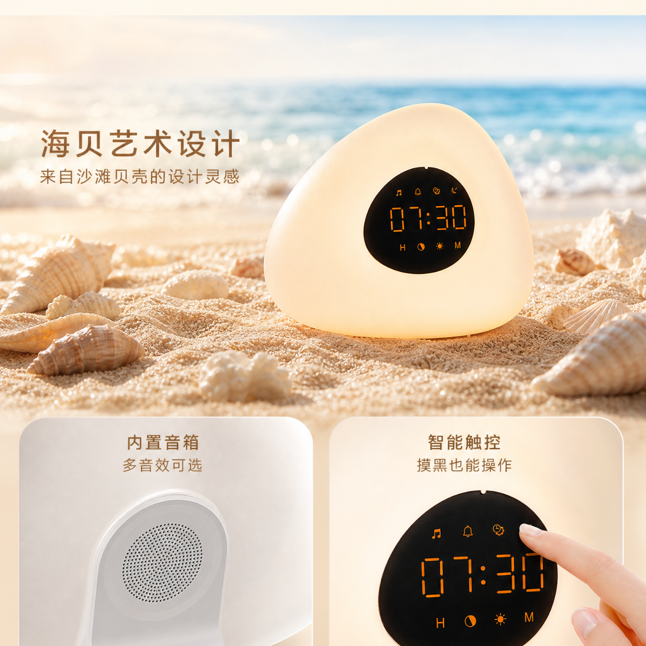 水母云儿童AI闹钟唤醒灯光唤醒台灯儿童房床头夜灯氛围灯 白色 儿童闹钟款