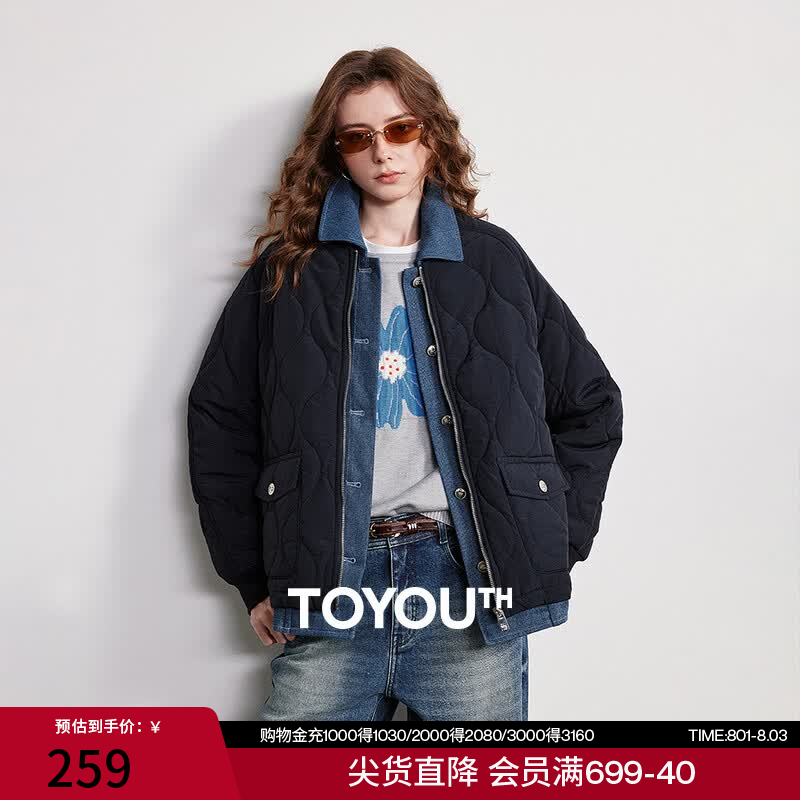 初语棉服女2025冬季新款拼接牛仔衬衫式外套轻盈保暖棉衣 藏青色 L