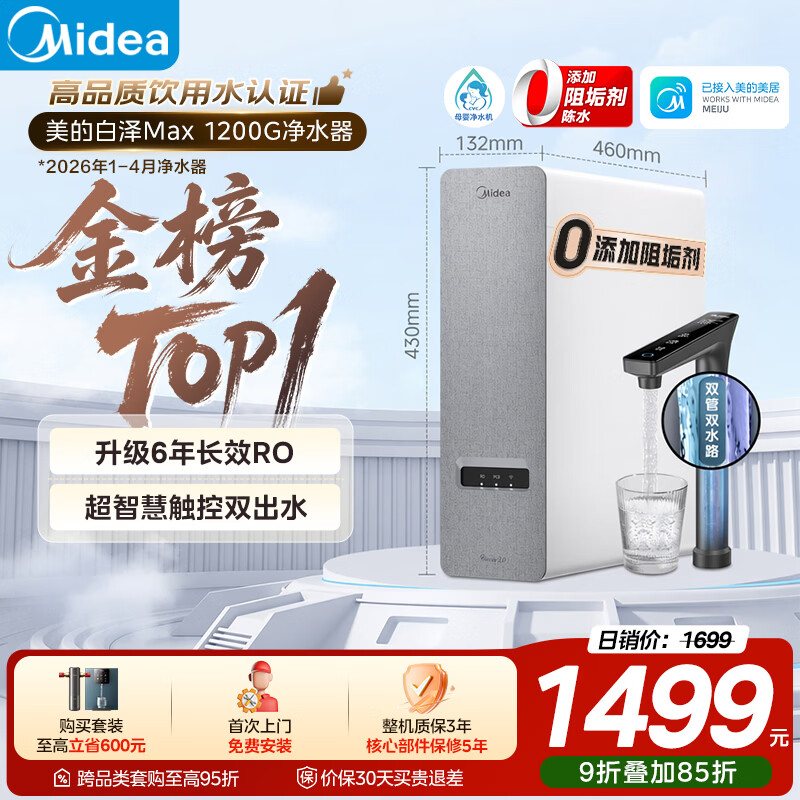 美的（Midea）净水器【金榜TOP1 白泽Max 1200G】0阻垢剂 6年长效RO反渗透 家用厨房专用台下用直饮过滤净水机