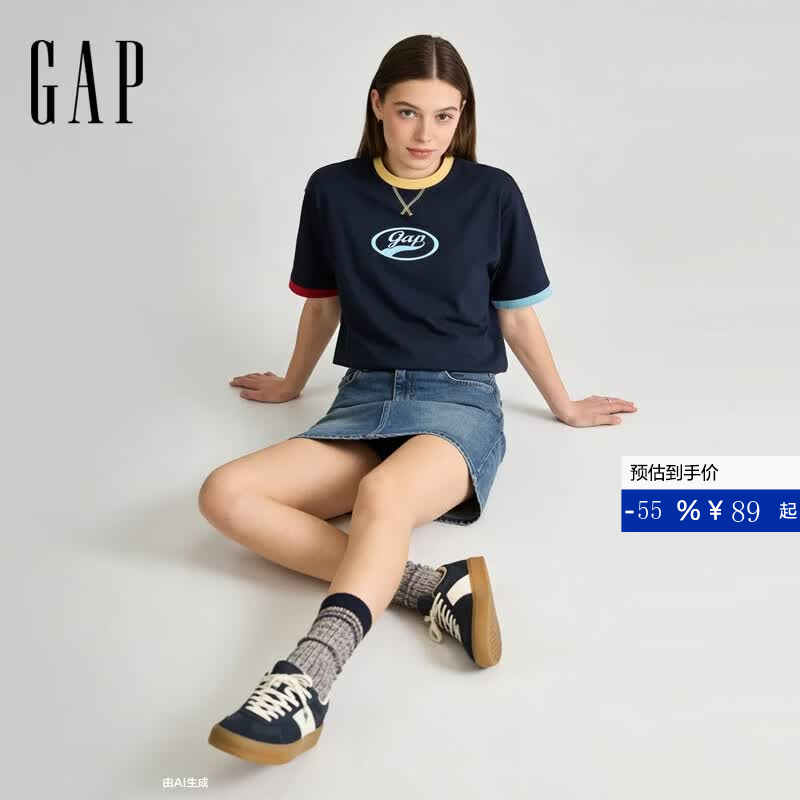 盖璞Gap男女装早秋纯棉logo字母宽松短袖T恤百搭上衣 海军蓝 866079 M (170/92A)亚洲尺码