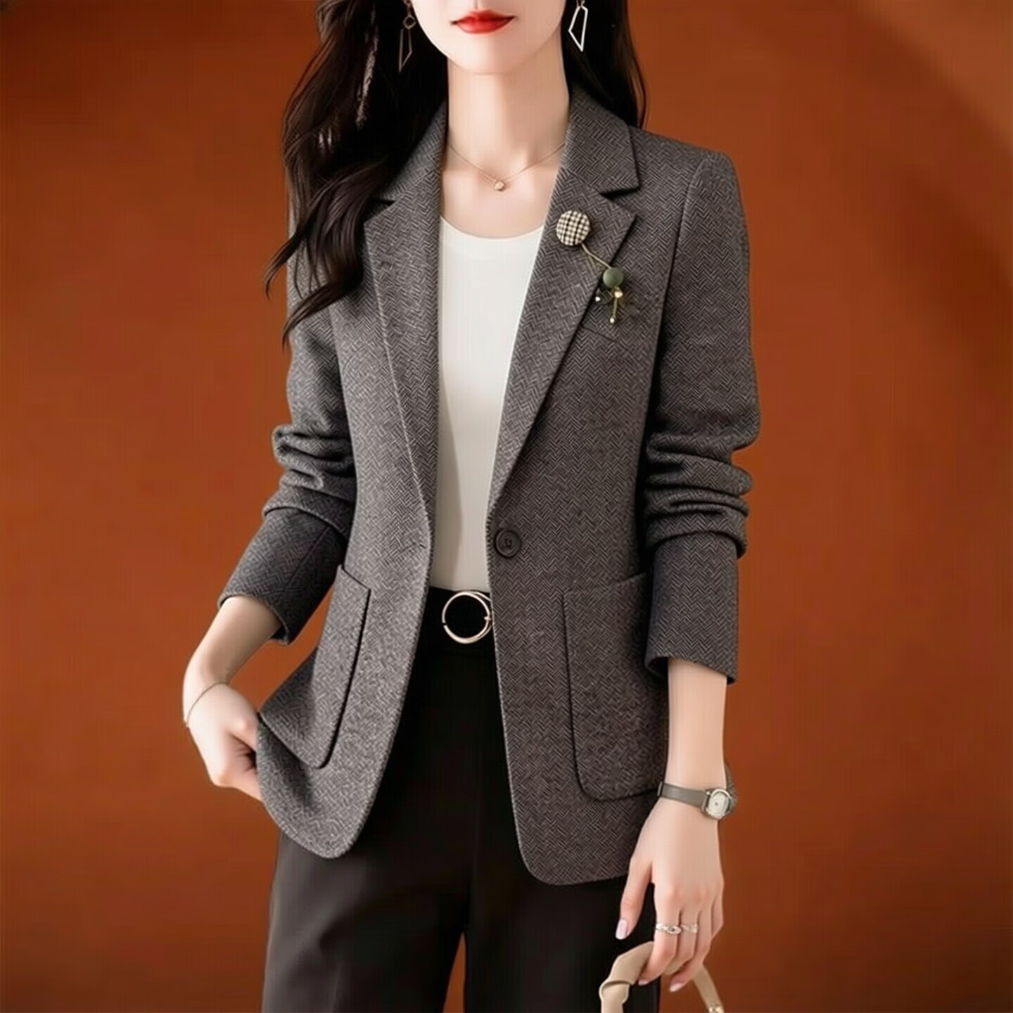 香影芬早秋小西装外套女士春秋2026新款妈妈气质贵夫人品牌西服洋气上衣 灰色 XL 建议116-125斤