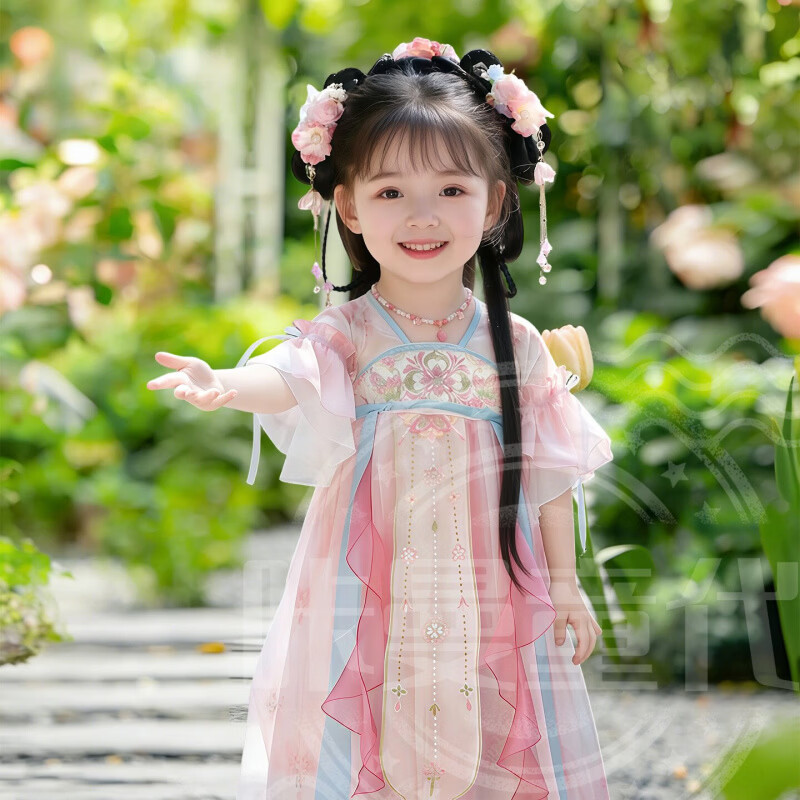 汉服女童2026新款洋装儿童国风古装礼服小女孩古风飘逸公主裙 桃桃露洋装+团扇(+头花、眉心贴) 160