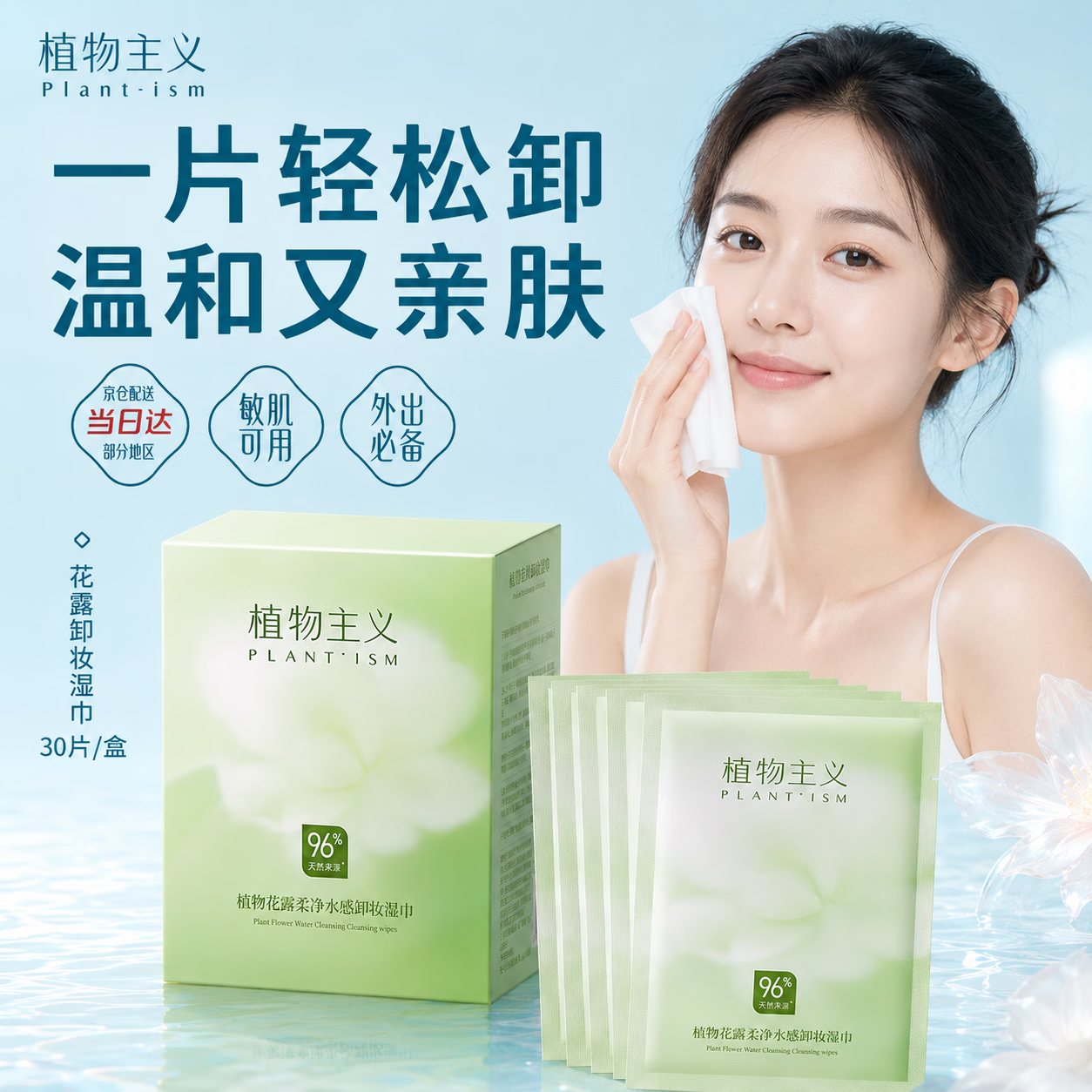 植物主义卸妆湿巾独立包装便携旅行装一次性眼唇脸三合一深层清洁京东自营