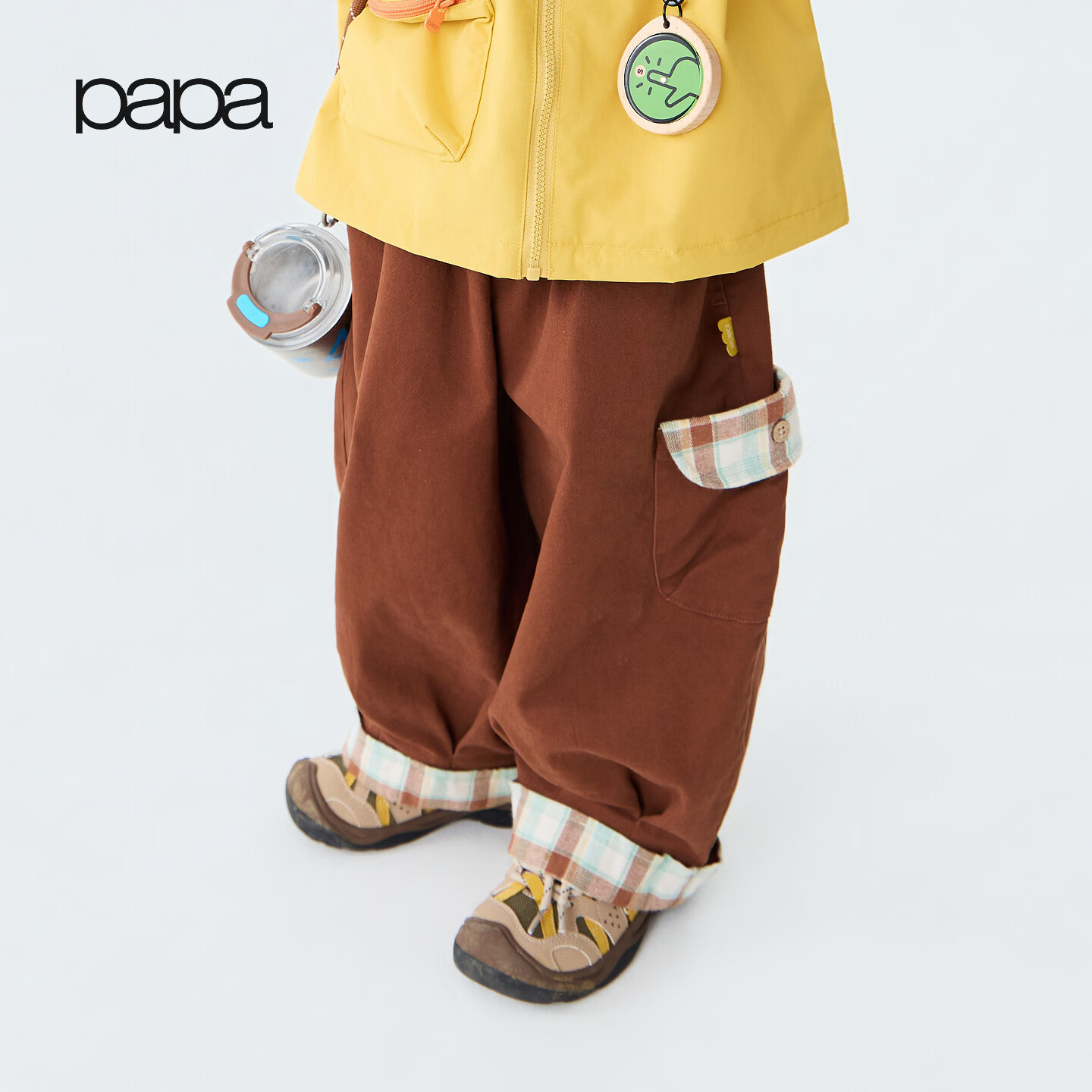 papa爬爬秋季儿童休闲裤子格纹洋气直筒裤男童女童长裤 棕色 100