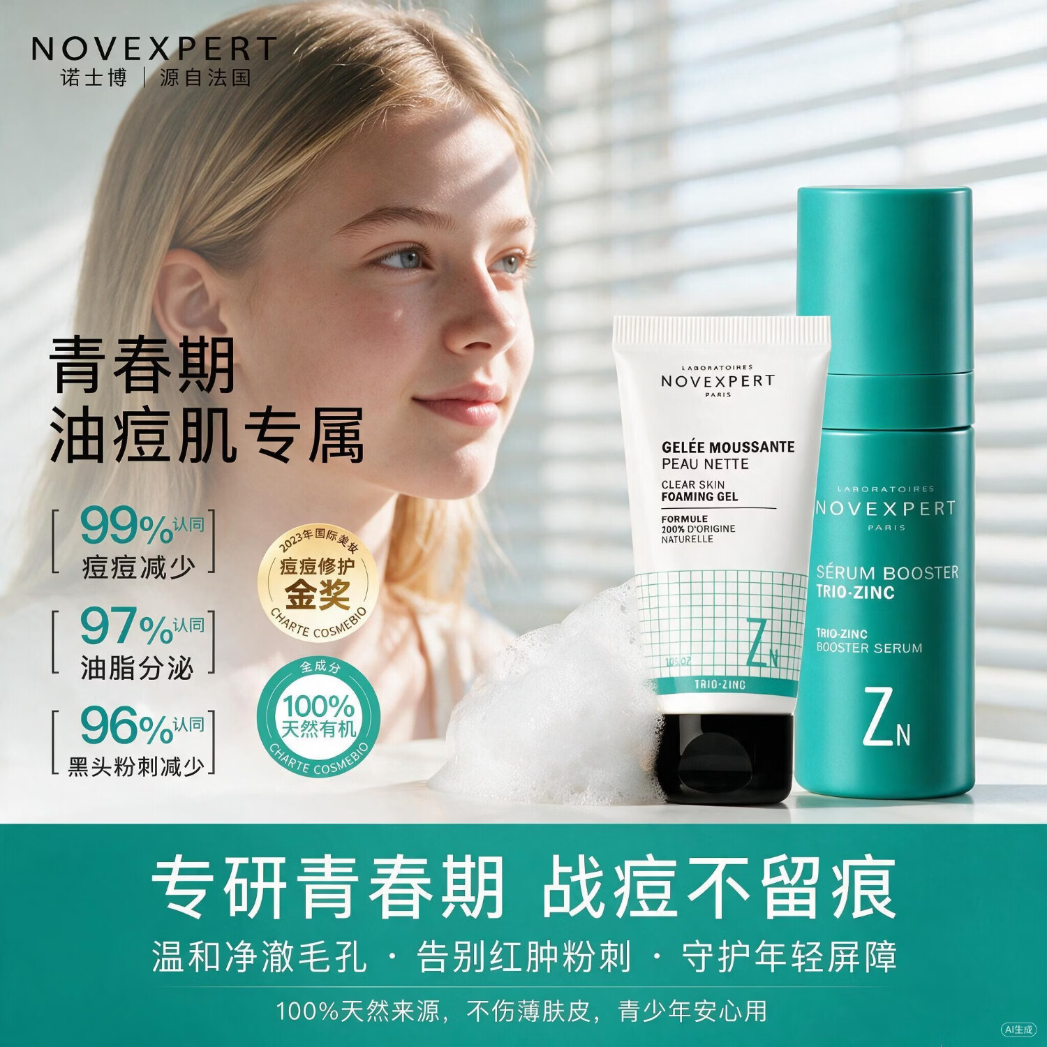 诺士博(NOVEXPERT)法国进口青少年洗面奶控油祛痘去黑头洁面青春期男女学生护肤30g 【多效战痘】洁面30g+多效精华30ml