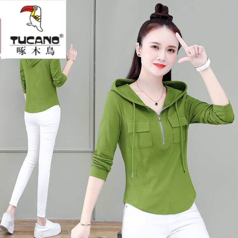啄木鸟（TUCANO）新款卫衣女连帽修身长袖T恤2026秋冬新款韩版显瘦时尚减龄打底衫 黑色  L 建议100-115斤