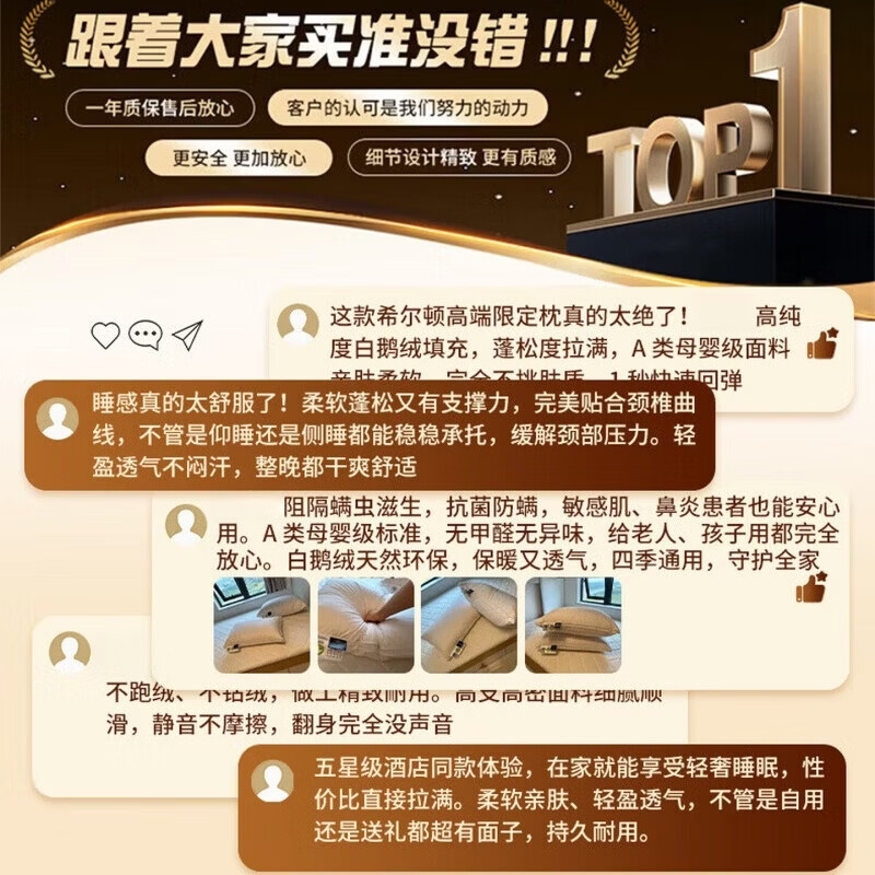 RASW德国羽绒枕头护颈椎助睡眠成人鹅绒枕芯睡不塌五星级酒店专用枕头 经典白【48*74cm高枕】 一对 柔软蓬松 细腻亲肤 希尔顿同款羽丝绒枕 | 颈椎病专用