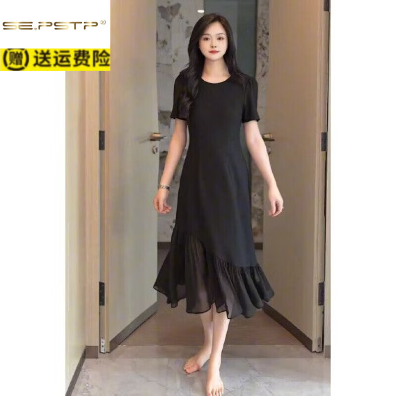 夏典素订女王(SE.PSTP)色赫本风经典连衣裙女2026夏季新款气质显瘦不规则小黑裙鱼尾裙瘦 黑色 L 建议115-130斤