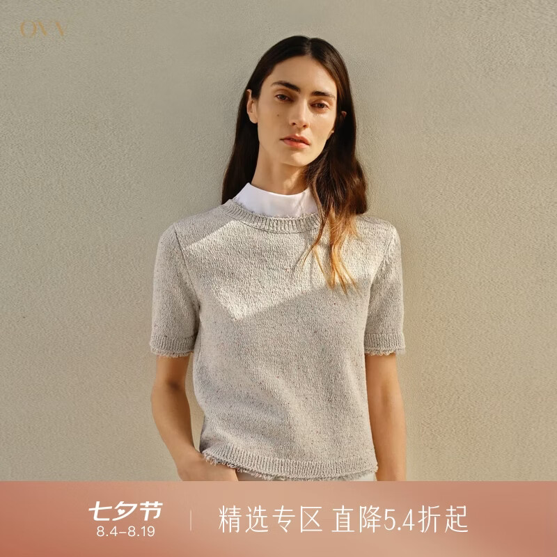 OVV【经典粗花呢】2025春夏新款女装流苏圆领花纱短袖针织衫 珊瑚粉 M