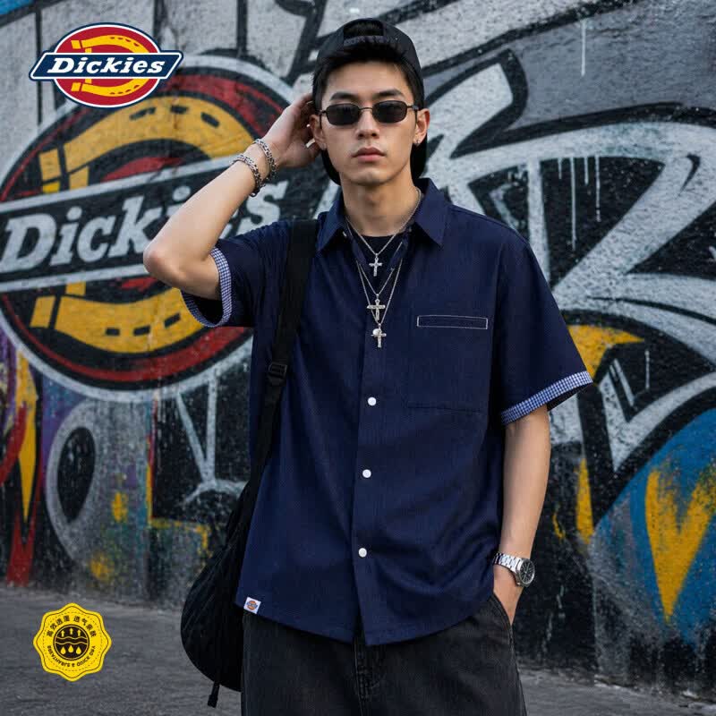 Dickies美式潮牌仿牛仔工装衬衫短袖男款夏季新款百搭辑明线宽松上衣服装 海军蓝 2XL 京东折扣/优惠券