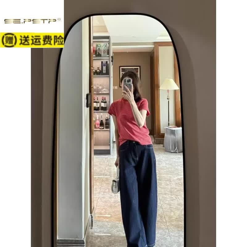 夏典素订女王(SE.PSTP)棉柔软条纹T恤女夏季新款修身显瘦短袖打底衫红条子上衣体恤ins潮 红色条舒适面料 XL 建议121-130斤