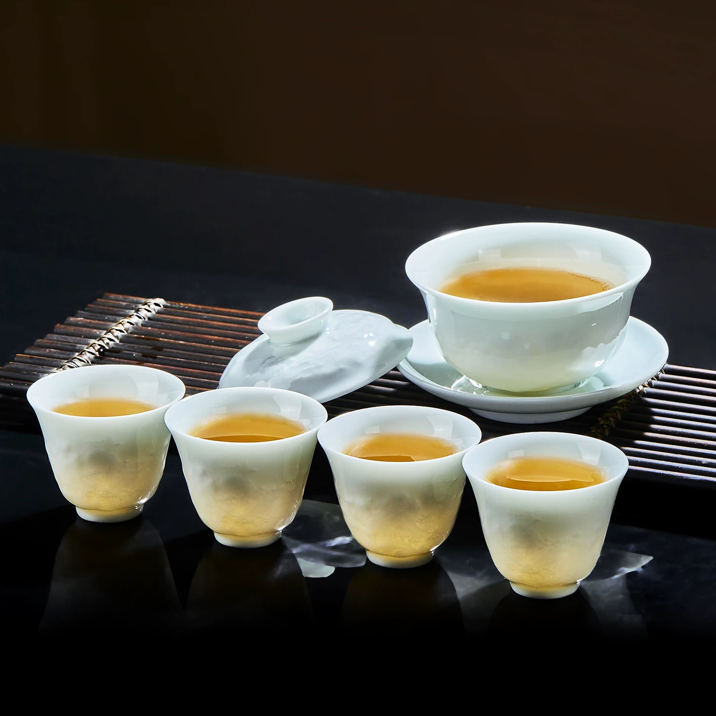 大师级景德镇高端高白瓷茶具套装手工雕刻影青瓷山水图茶具套装 富春山居 富春山居-10头配盖碗【礼盒装】