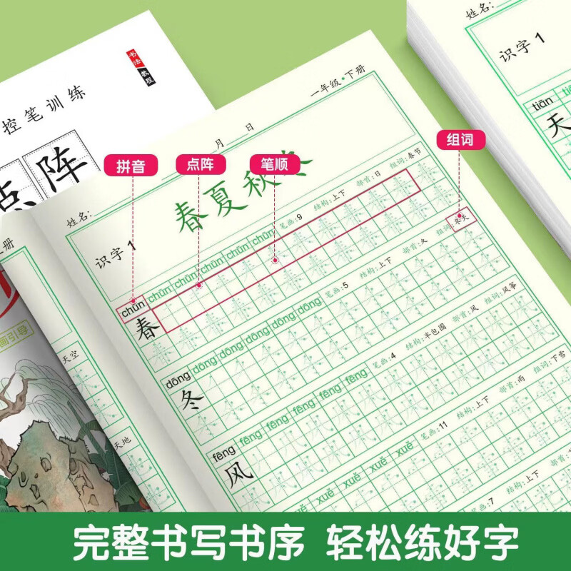 CRHMMFLF一二年级小学生点阵版练字帖上下册每日一练语文生字同步控笔描红 一年级上册+下册【全套2本】 【课本同步】边写边学