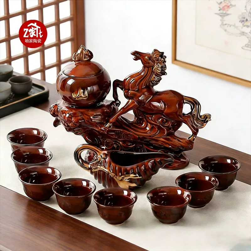 珍力马到成功陶瓷功夫茶具套装轻奢高档马造型生肖茶壶泡茶神器家用 灰龙