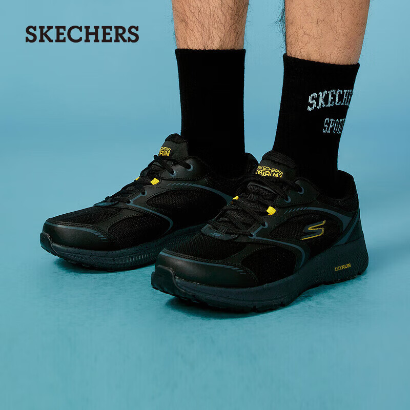 斯凯奇（Skechers）男鞋秋季动感缓震跑步鞋复古潮流运动鞋舒适休闲鞋 黑色/黄色/BKYL 42.5
