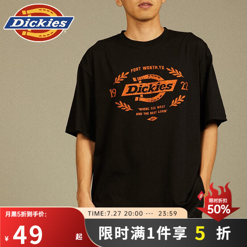 Dickies短袖t恤男纯棉大LOGO夏季美式潮牌字母印花宽松百搭上衣DK012598 黑色 S 版型宽松偏大，卡码建议拍小一码