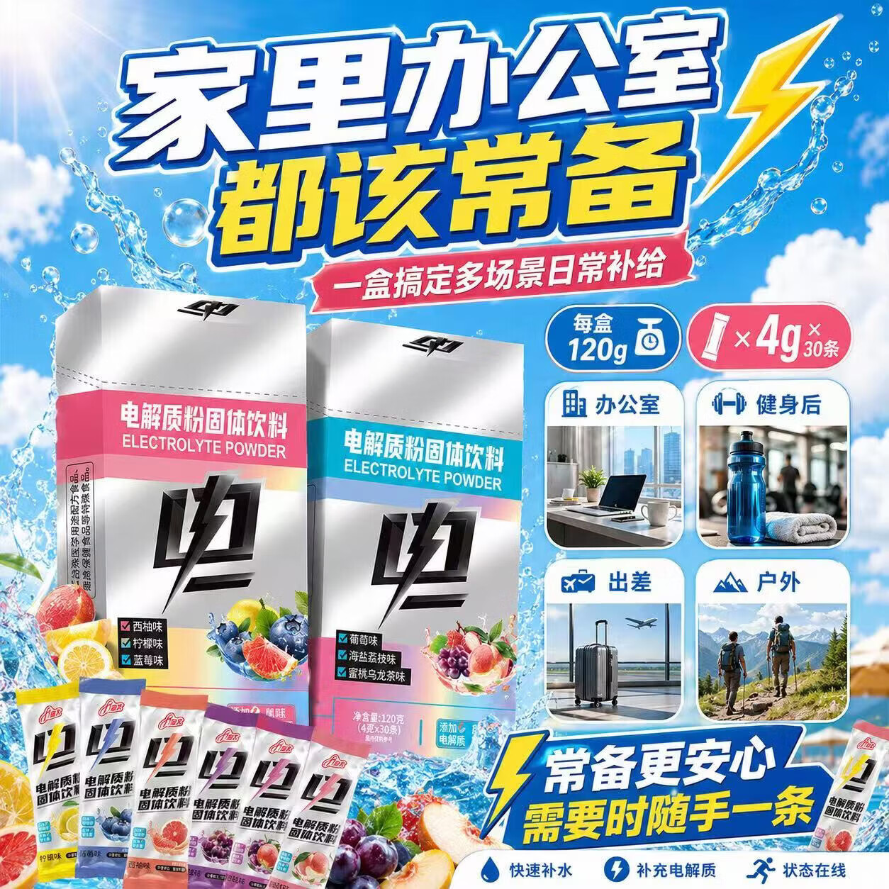 胖东来同款电解质粉电解质水饮料冲剂运动健身户外跑步骑行三伏天饮料 【六种口味组合装】 30条*4盒