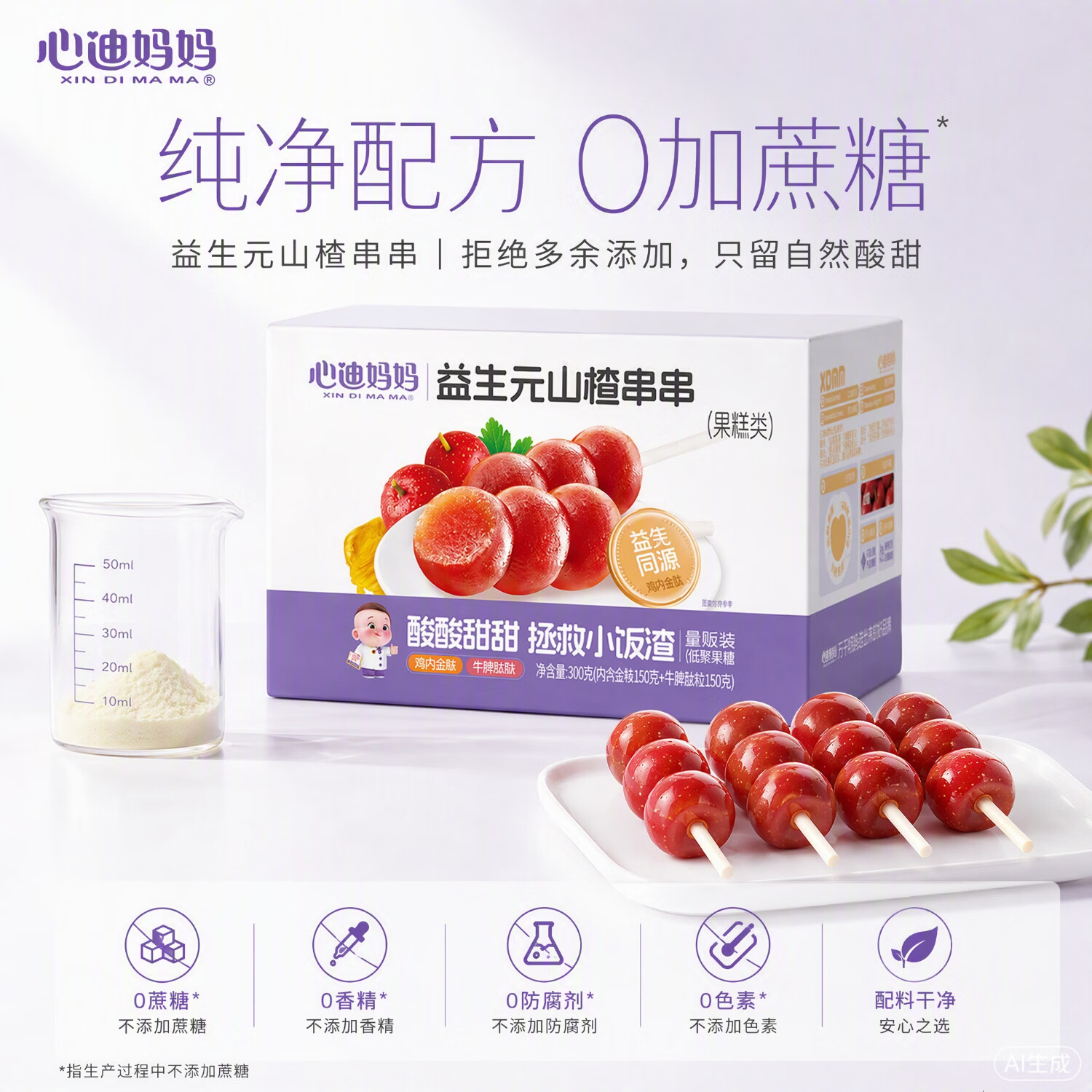 心迪妈妈山楂鸡内金糖葫芦300g益生元山楂串串儿童零食0添加蔗糖棒棒糖 【含益生元】鸡内金葫芦串300g
