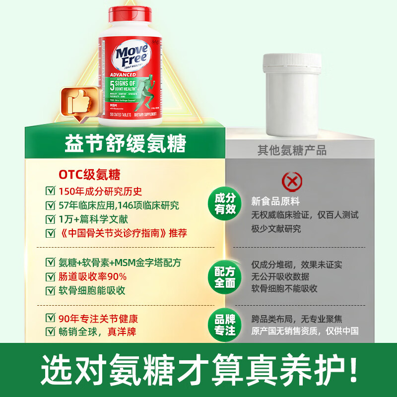 益节(Move Free)维骨力氨糖软骨素钙片绿瓶红瓶 美国进口 成人中老年营养品 【关节不适】舒缓绿瓶氨糖 120粒*1瓶