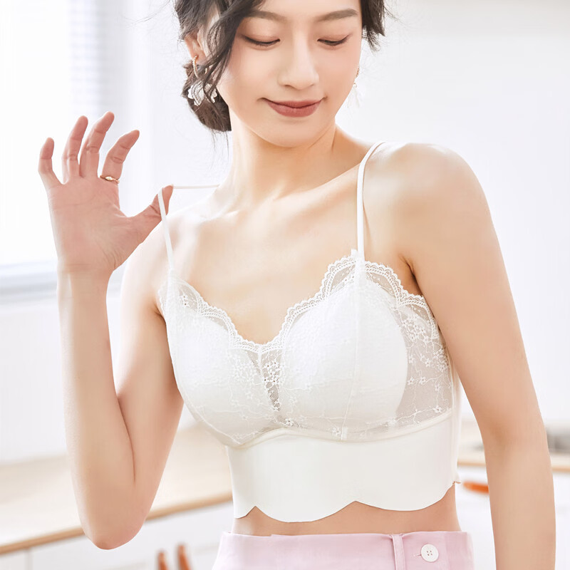木木屋(mumuwu)夏季冰丝无痕小吊带固定一体乳胶杯垫裹胸交叉性感美背内衣 蕾丝内衣【白色】 L(110-135斤)