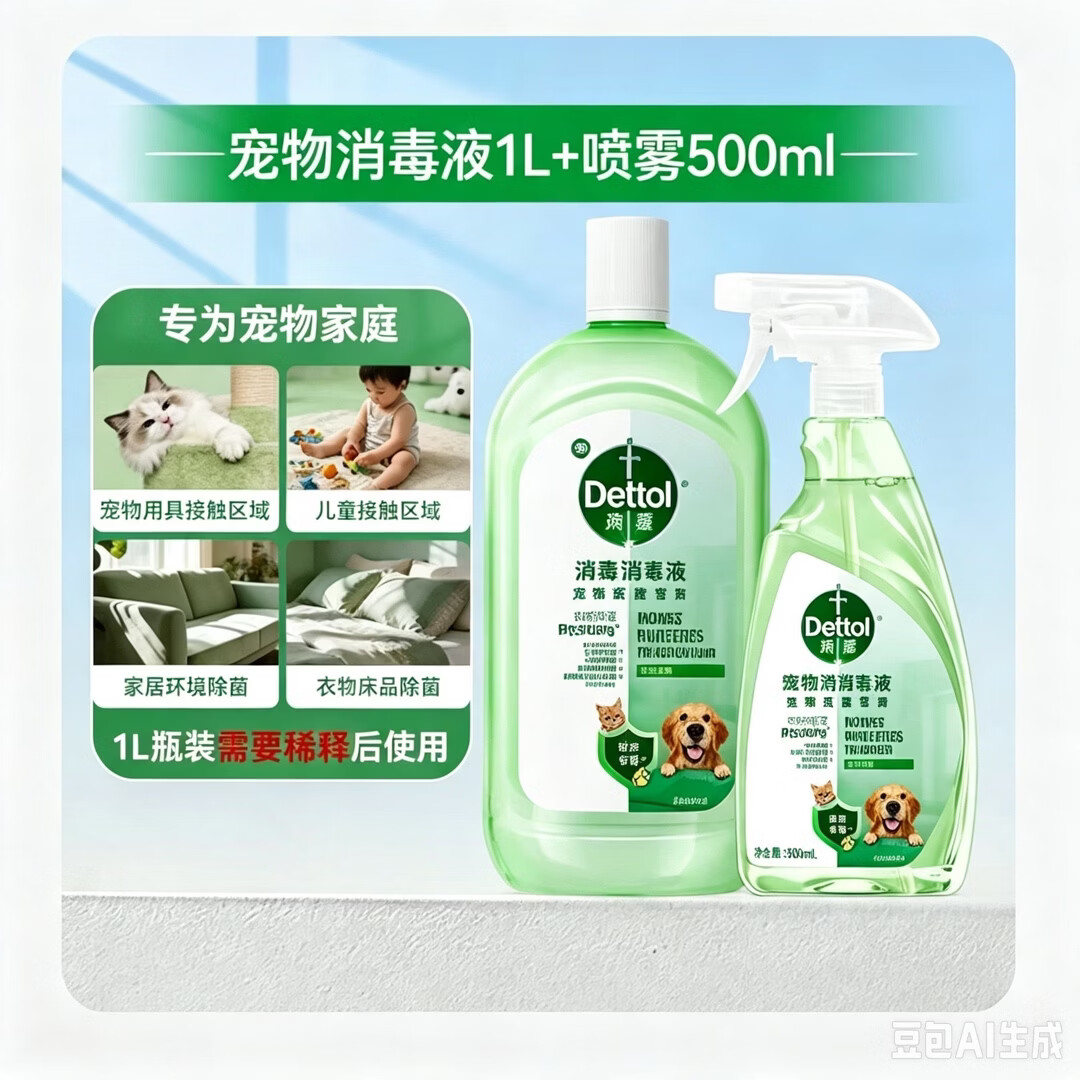 【宠物家庭】宠物消毒液猫砂盆杀菌除臭宠物除臭剂衣物消毒液 宠物消毒液1L+喷雾500ml