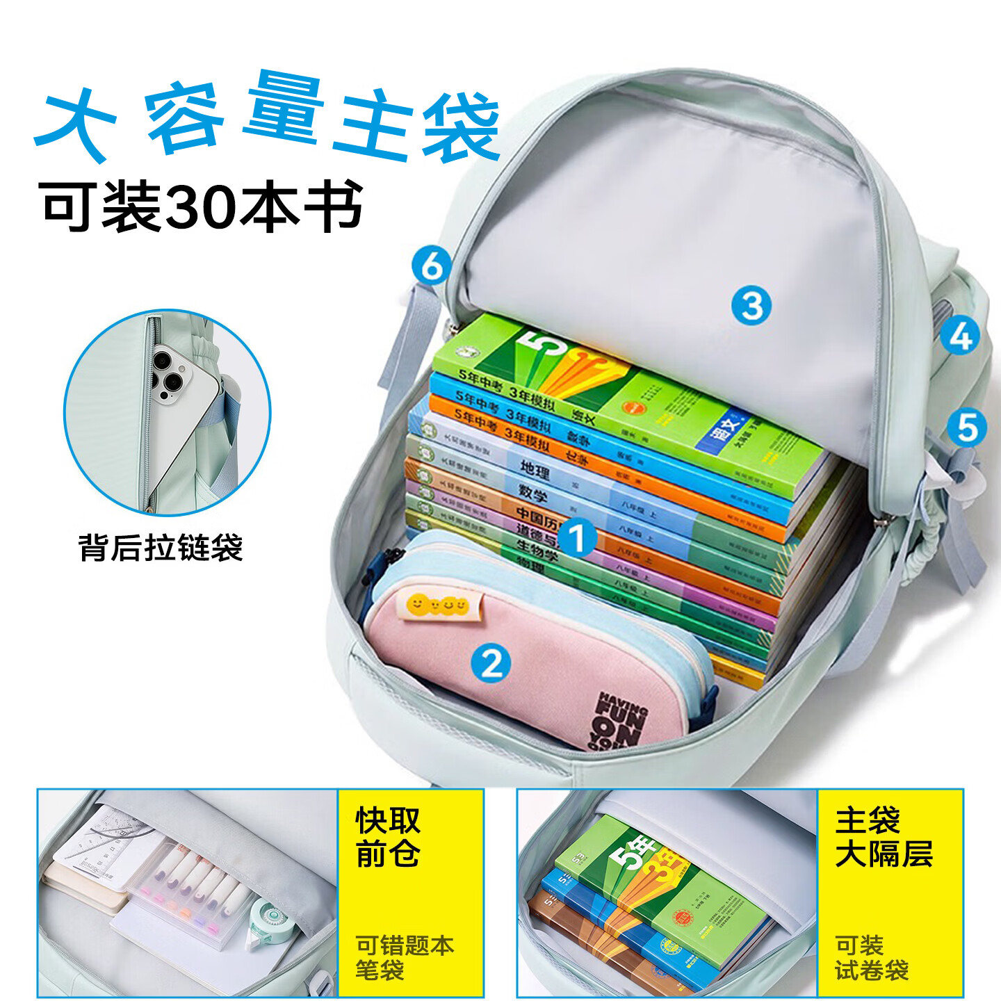 真维斯中学生书包女中小学大容量初高中生双肩包轻便减负三到六年级背包 浅绿色双肩包