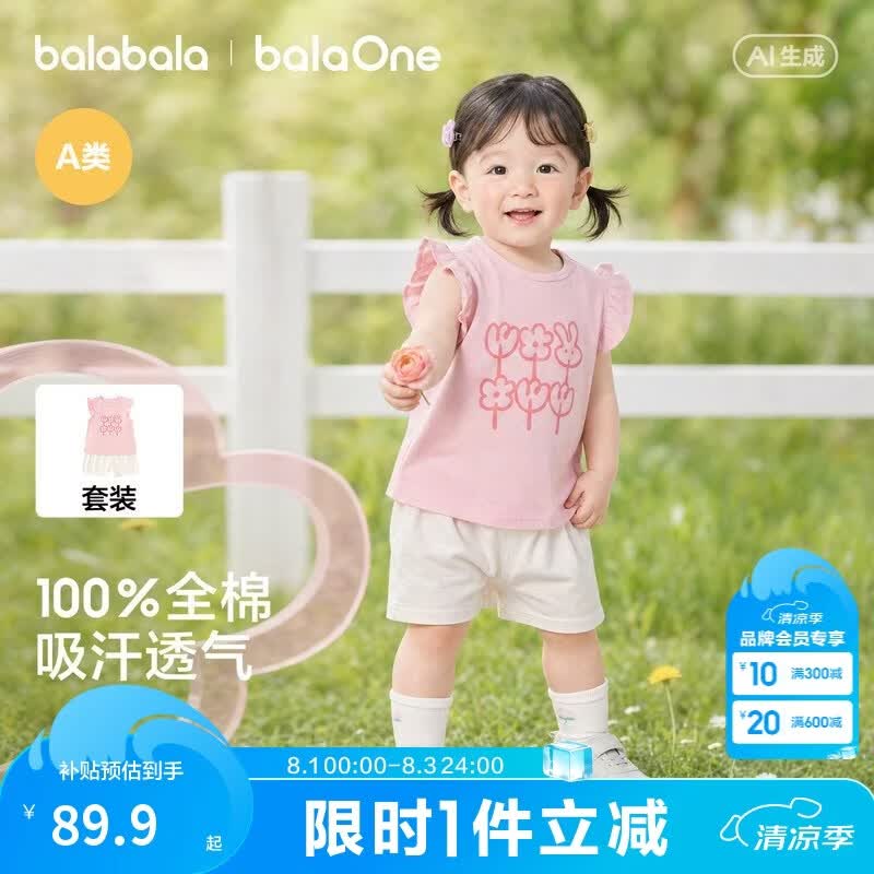 巴拉巴拉童装儿童短袖套装2026夏装新款女童宝宝t恤裤子两件套婴儿衣服甜