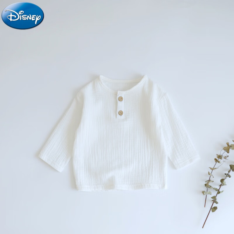 糯透气文艺清新净色棉麻风t恤上衣 婴儿童春夏棉纱宽松长袖 月牙白t恤