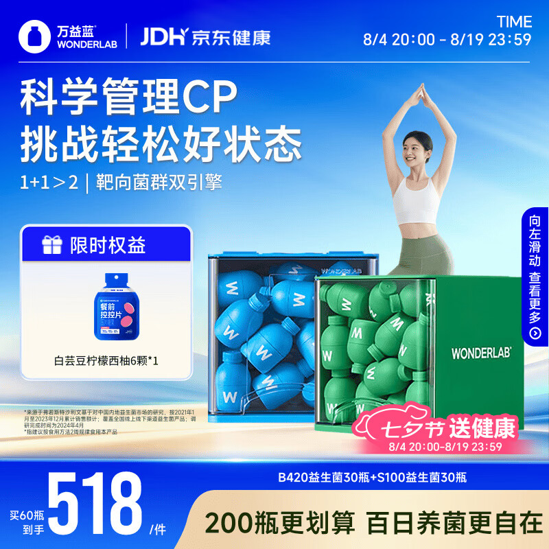 万益蓝（WONDERLAB）早B420晚S100组合30瓶+30瓶 益生菌减益生元棕色肥脂肪